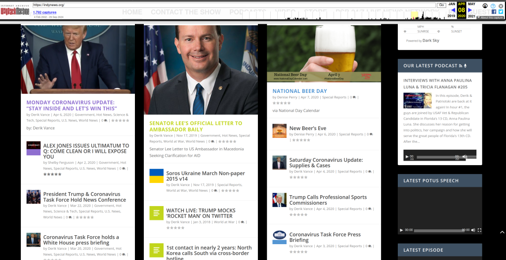 Wayback Machine Excerpt of indynews.org as of March 2020. A MAGA propaganda site. 